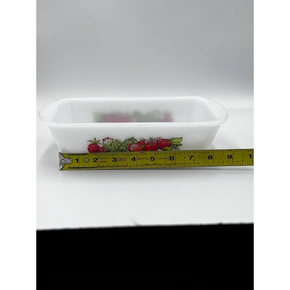 Vintage Glasbake Vegetable Pattern Loaf Pan Milk glass 1.5 Quart Made In USA